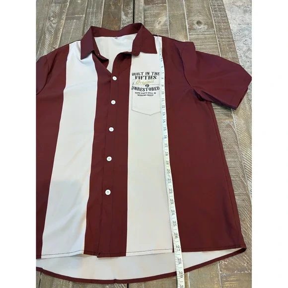 Built In The Fifties Retro Bowling Shirt Mens Medium Burgundy White Short Sleeve - Picture 5 of 6